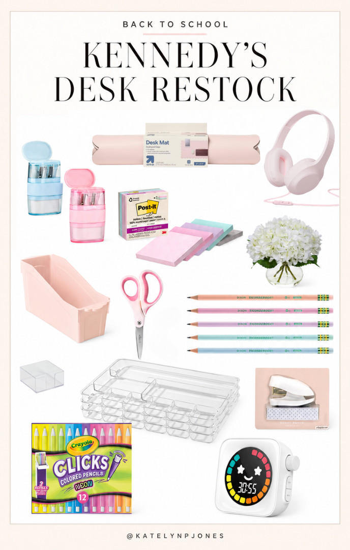 Kennedy’s desk is officially restocked for 4th grade! 🎀✏️ I wanted everything to feel cute and fun, but still be things she’ll actually use every day. From the pastel pencils and Post-its to the drawer organizers, desk mat, headphones and timer, her little workspace is organized and ready for a fresh school year! Linking everything here 🩷📚


Kennedy’s desk restock, back to school 2026, fourth grade school supplies, girls back to school supplies, tween girl school supplies, cute school supplies, aesthetic school supplies, pastel school supplies, pink desk accessories, cute desk setup, kids desk organization, homework station ideas, girls study space, homeschool desk setup, back to school organization, desk drawer organizers, elementary school supplies, school supply restock, back to school must haves, organized study space, mom finds 

 #LTKSeasonal #LTKHome #LTKKids