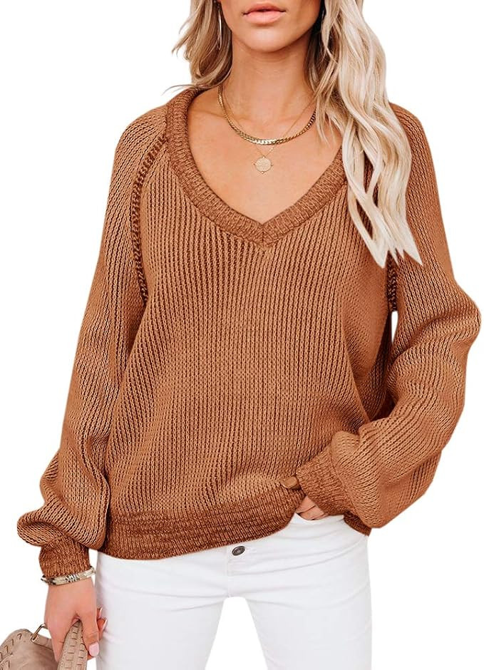 Haloumoning Womens Long Sleeve Oversized Pullover Sweaters V Neck Casual Chunky Knits Loose Outwe... | Amazon (US)