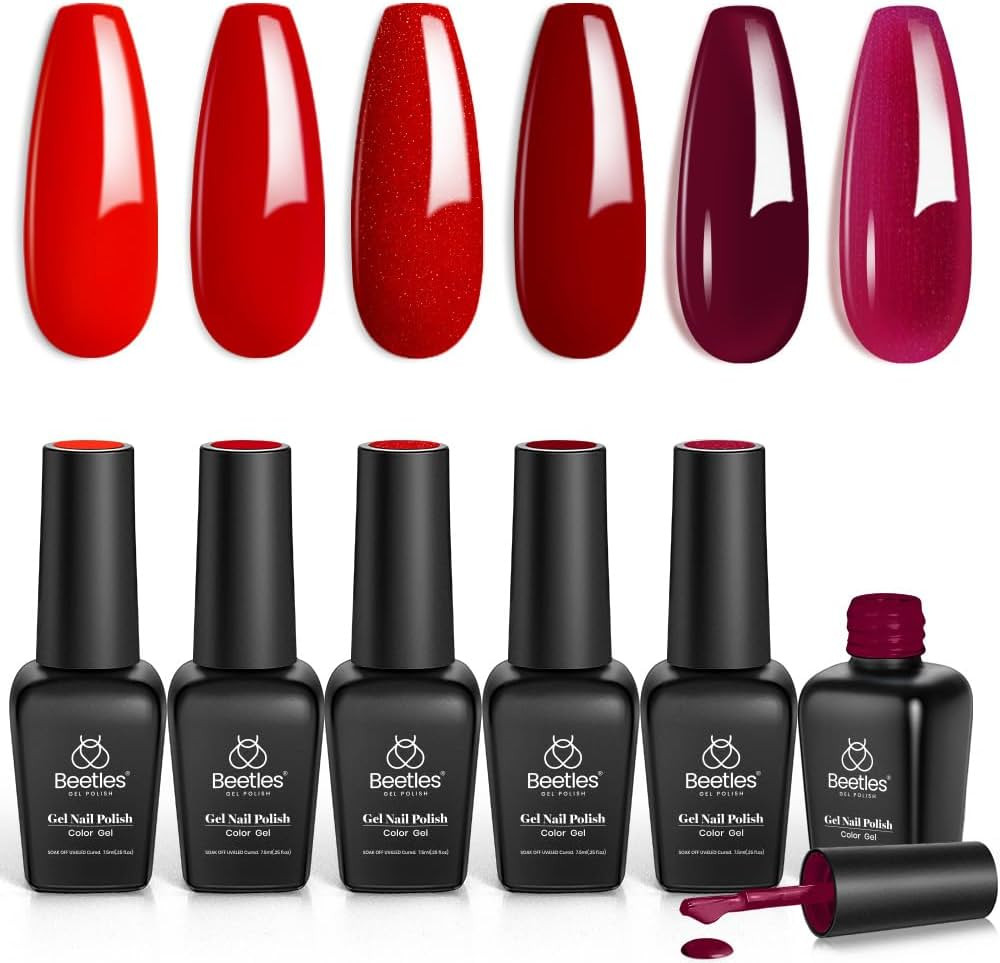 Beetles Red Gel Nail Polish Set - 6 Colors Bloody Mary Collection Popular Shimmer Red Burgundy Ge... | Amazon (US)
