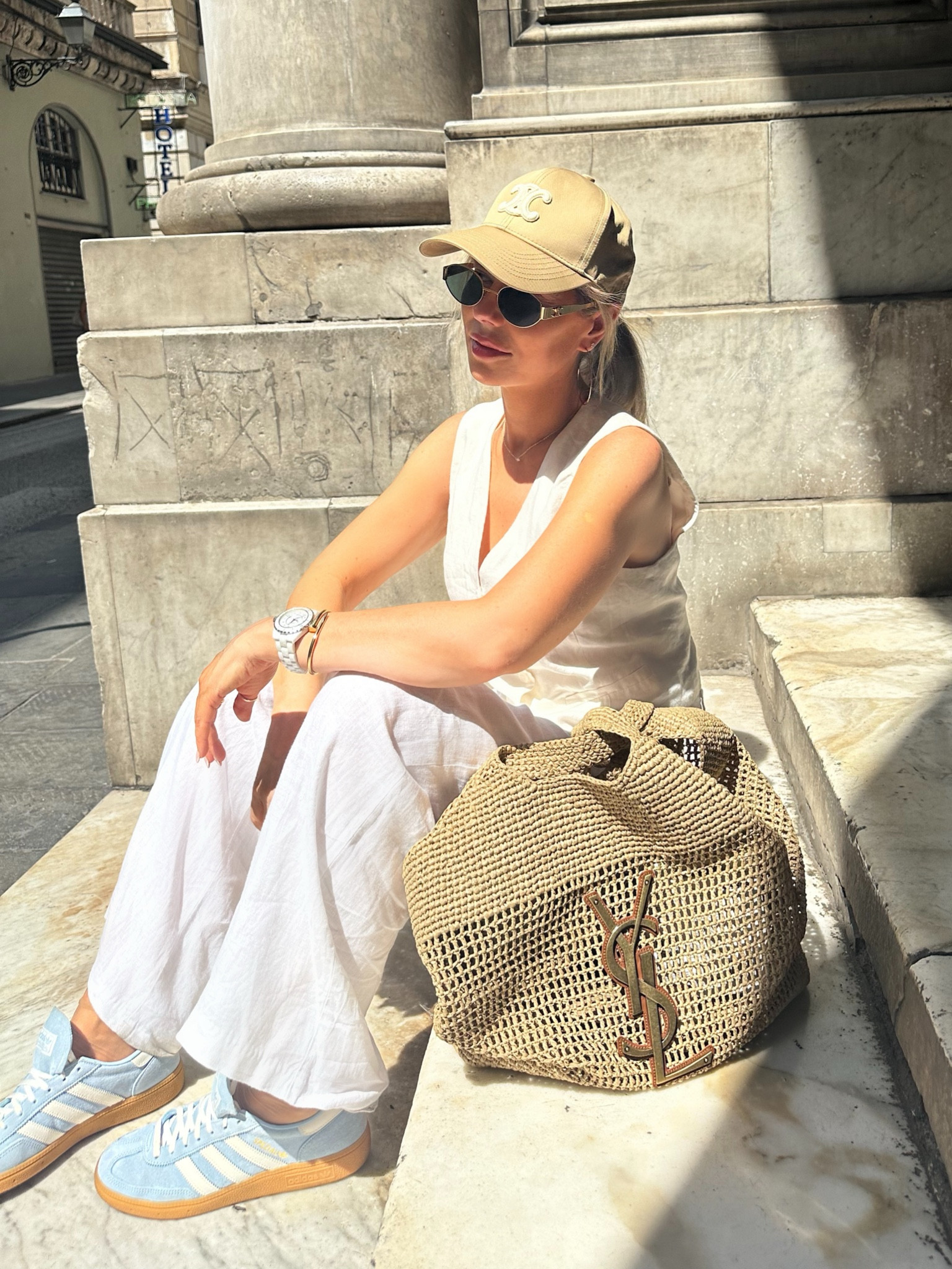 City look with adidas , linen & raffia 
#neutralstyle #citybreak #waistcoat #casualchic #adidas #celine 

#LTKuk #LTKeurope #LTKsummer