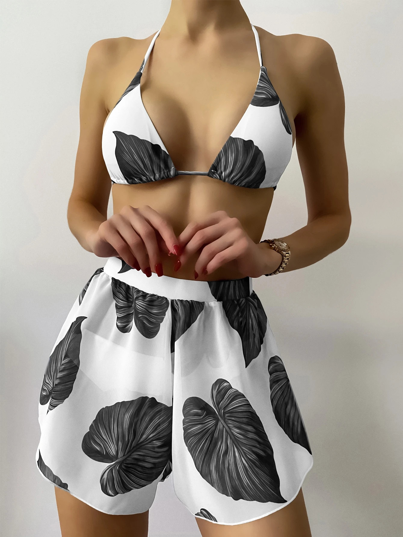 3pack Leaf Print Triangle Bikini Swimsuit & Shorts | SHEIN