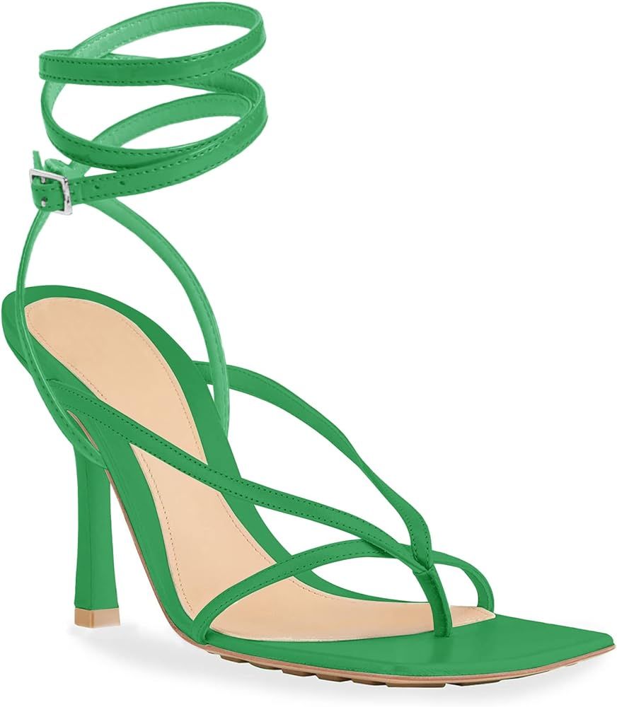 Women's Lace Up Heeled Sandals Square Open Toe Stiletto Heels Flip Flops Ankle Strap Pumps | Amazon (US)