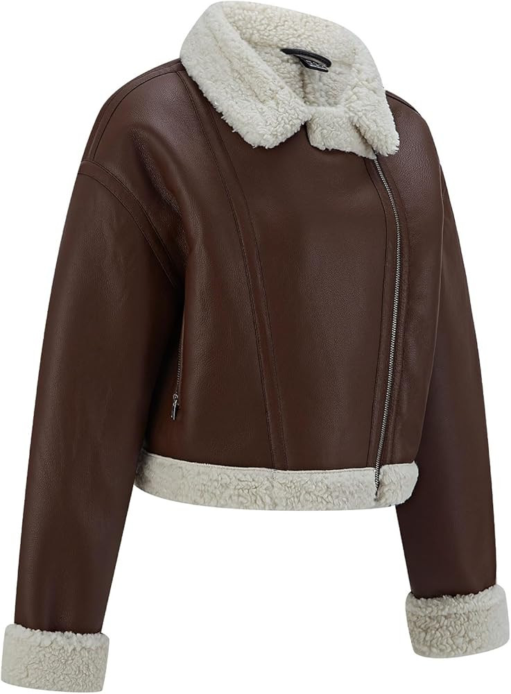 Women's Faux Shearing Moto Jacket Thick Fur Lined Coat Sherpa Leather Jacket | Amazon (US)