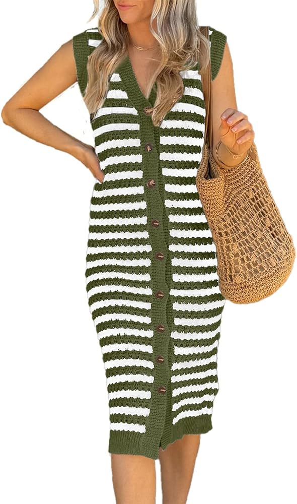 BLENCOT Women's V Neck Striped Sweater Tank Dress Causal Sleeveless Button Cardigan Midi Cover Up... | Amazon (US)