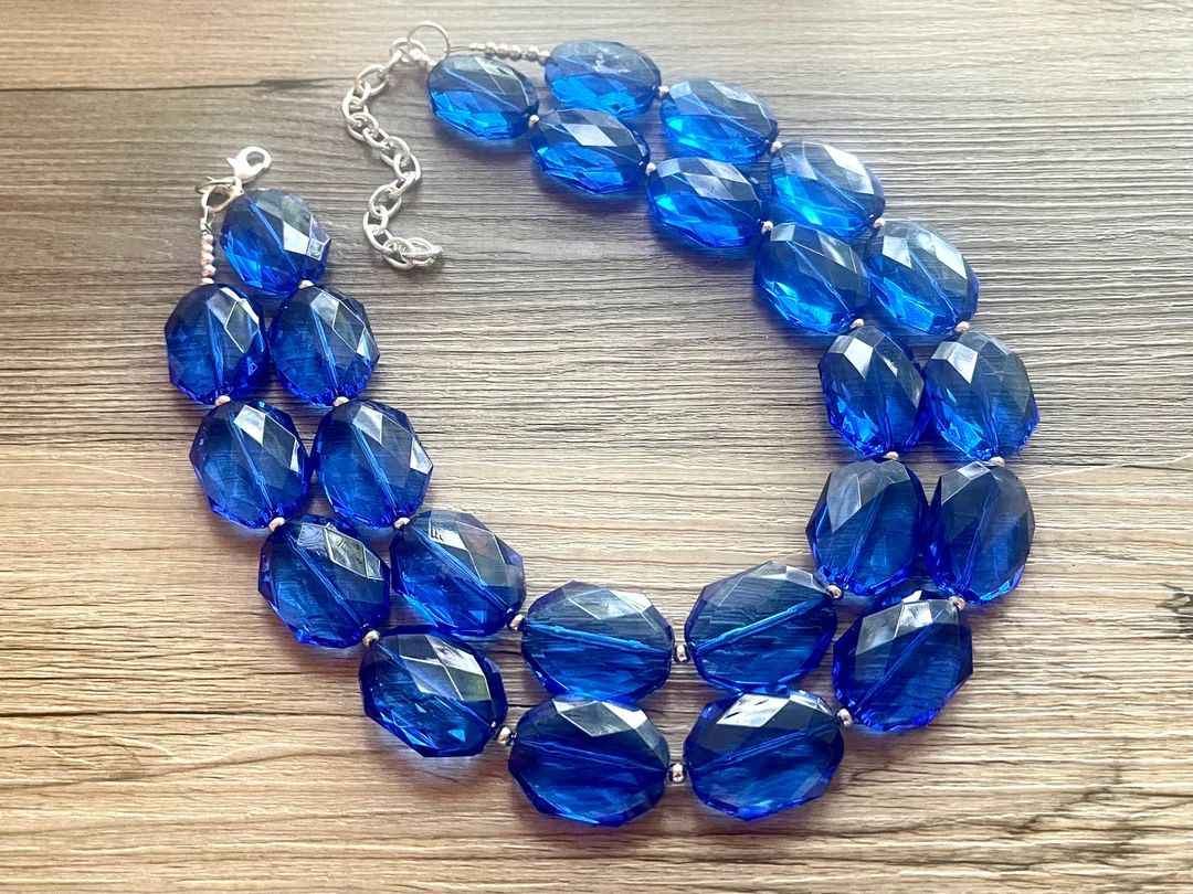 Dark Blue Double Strand Statement Necklace,  Chunky Royal Blue Oval Beaded Bib Jewelry earrings, ... | Etsy (AU)