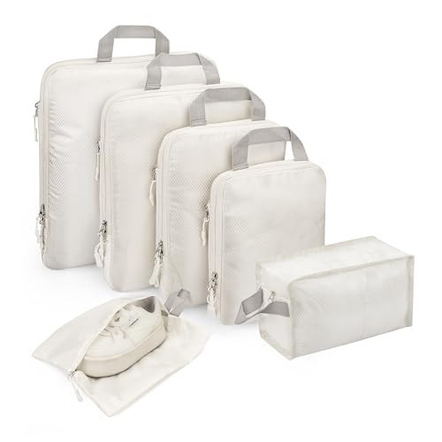 YOOFAN Travel Packing Cubes - Suitcase and Luggage Organizer Compressible Bags Set for Effortless Travel Packing, Compression Packing Cubes for Travel, Traveling Essentials (Beige, 6 Set) | Amazon (US)