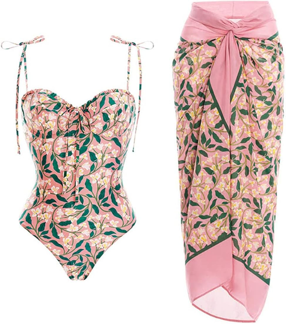 Women's Floral Bathing Suit with Sarong Cover up Wrap Skirt One Piece Swimsuit Swimwear Summer Beach | Amazon (US)