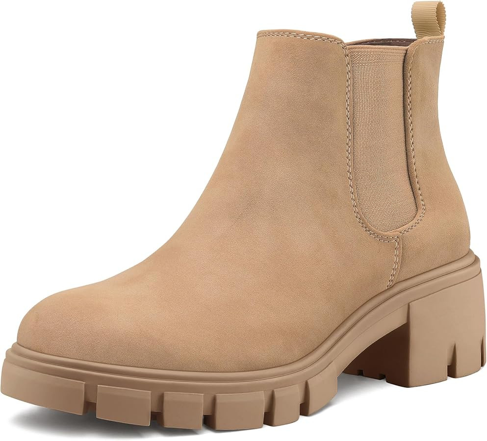 mysoft Women's Platform Chelsea Boots Lug Sole Slip On Chunky Block Heel Ankle Booties | Amazon (US)