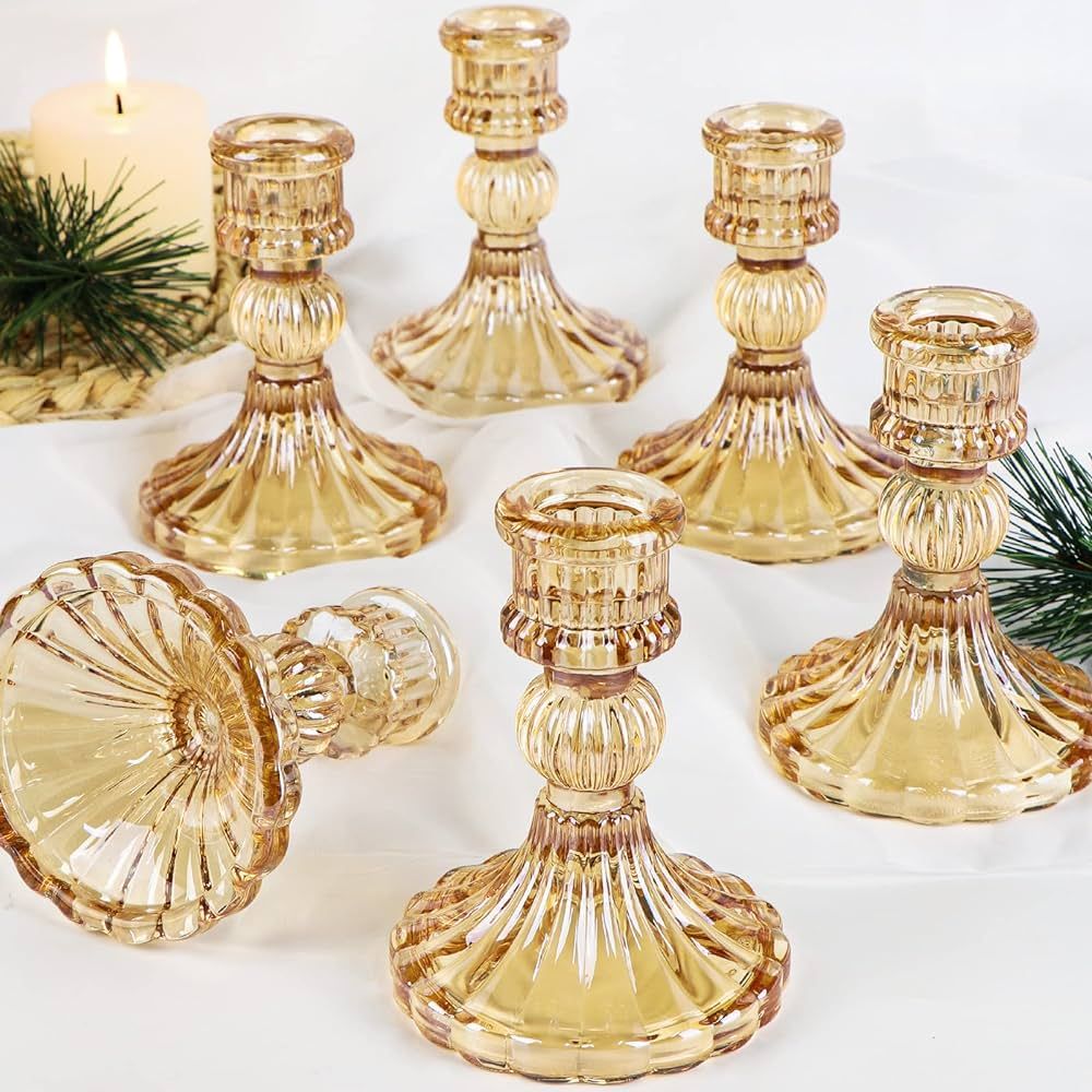 Taper Candle Holder Set of 6, Glass Candlestick Holders, Gold Wedding Centerpieces for Tables, Bridal Shower, Valentines Day Table Decorations, Birthday Home Party Table Decor (Gold) | Amazon (US)