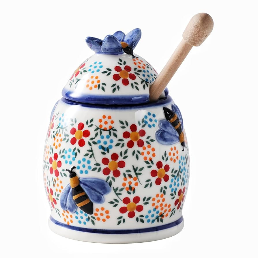 ZOOBEE 10oz Honey Jar with Dipper and Lid Farmhouse Style,Ceramic Honey Dispenser No Drip,Handpai... | Amazon (US)