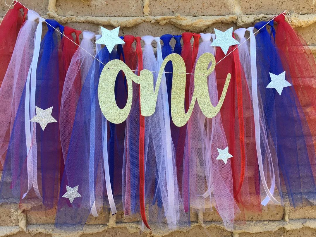 4th of July Tulle High Chair Garland Red White Blue Patriotic One Year Old Milestone Bunting Girl... | Etsy (US)