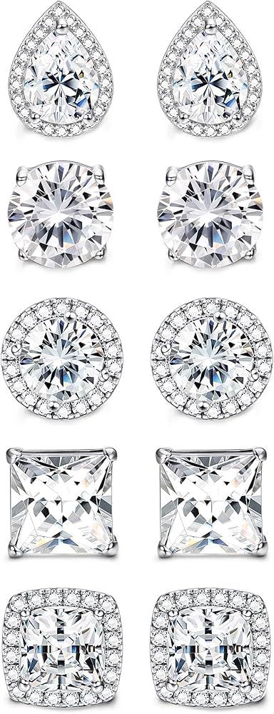sailimue 5 Pairs Stainless Steel Cubic Zirconia Stud Earrings Set for Women Men Brilliant Round S... | Amazon (US)