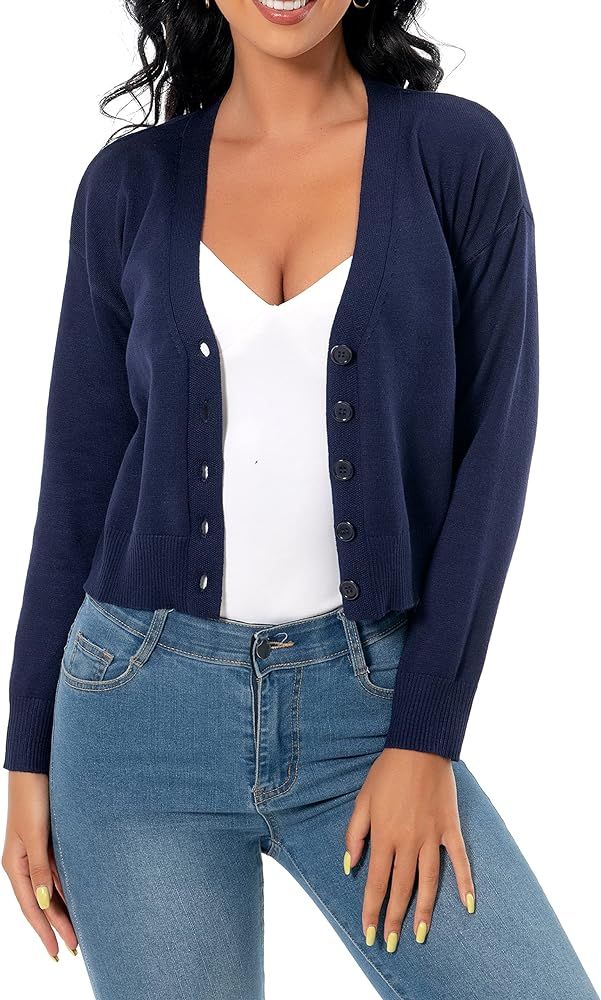 Satuun Women's Long Sleeve Cropped Cardigan V Neck Solid Button Down Knit Bolero Shrugs | Amazon (US)