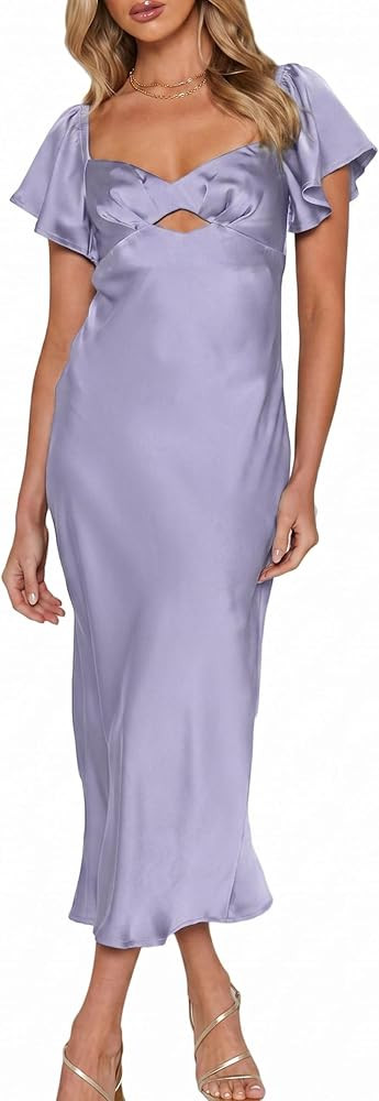 Summer Satin Flutter Sleeve Wedding Guest Dresses for Women Sweetheart Neckline Cutout Tie Back M... | Amazon (US)