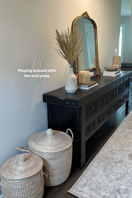 Working on styling the entryway 🫶🏼 

Console table, entryway table, entryway console, neutral rug runner, organic modern home