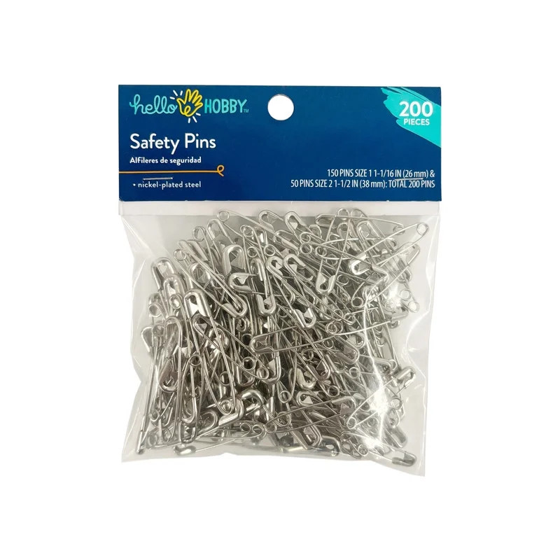 Hello Hobby Silver Safety Pins 200 Count with Assorted Sizes, Nickel-Plated Steel | Walmart (US)