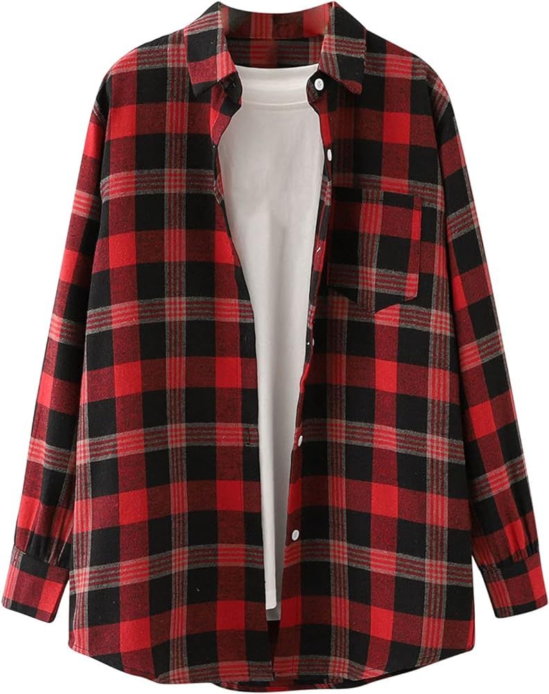 DESKABLY Womens Color Block Plaid Shirts Fall Casual Button Down Flannel Cardigan Long Sleeve Blouse | Amazon (US)