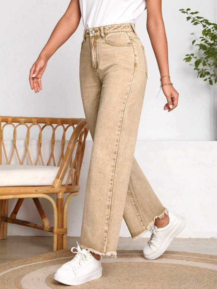 SHEIN LUNE High Waist Raw Hem Wide Leg Jeans | SHEIN