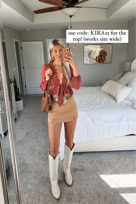 code KIRA25 for the top! size small in amazon skort. size small in top. got my true size in my boots. both belt + buckle are custom made - linking the artists who made them! 

festival outfit 
concert outfit 
western outfit 
country concert 

#LTKSeasonal #LTKFestival #LTKstyletip
