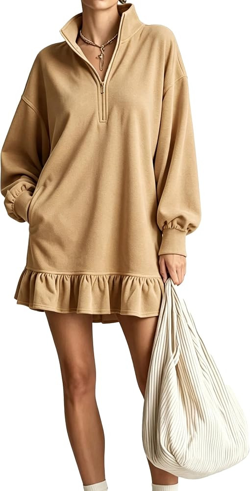 Ailoqing Womens Sweatshirt Half Zip Ruffle Hem Mini Dress | Amazon (US)