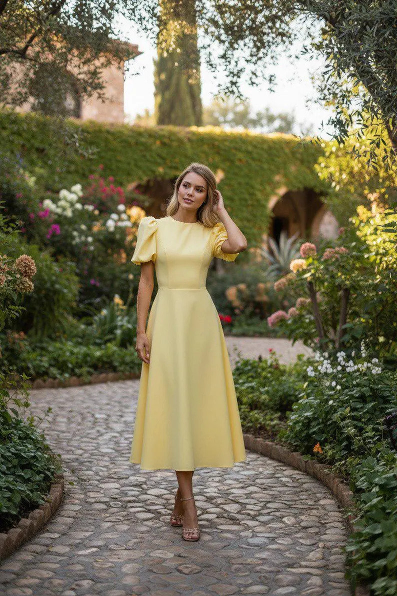 Yellow puff sleeve midi dress, modest easter outfit, cottagecore summer tea party, baby shower gu... | Etsy (US)