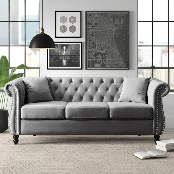 TUANLUO Mid-Century 3-Seat Living Room Sofa Couch, Velvet Upholstered Sofa with 2 Pillows and Woo... | Walmart (US)