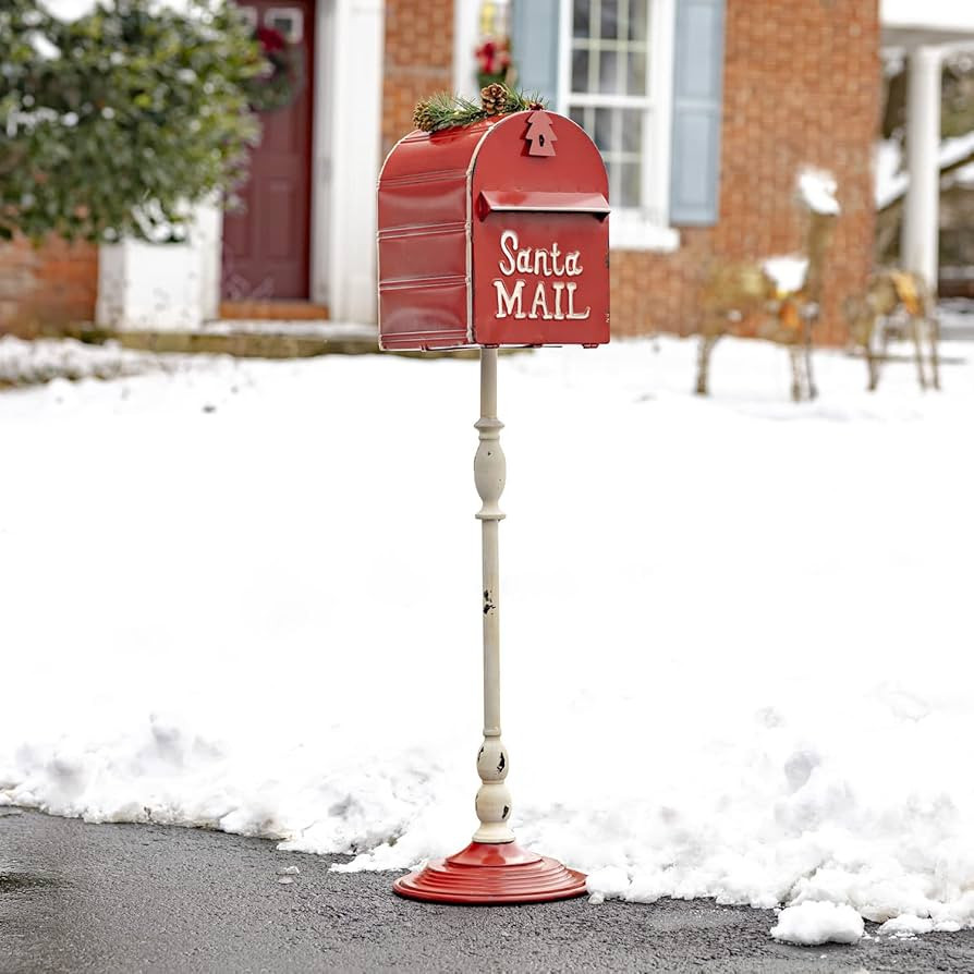 42" Tall Metal Standing Santa's Mail Christmas Mailbox with Light-up LED Wreath (Red Top) | Amazon (US)
