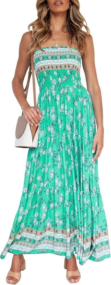 ZESICA Women's 2023 Summer Bohemian Floral Printed Strapless Beach Party Long Maxi Dress | Amazon (US)