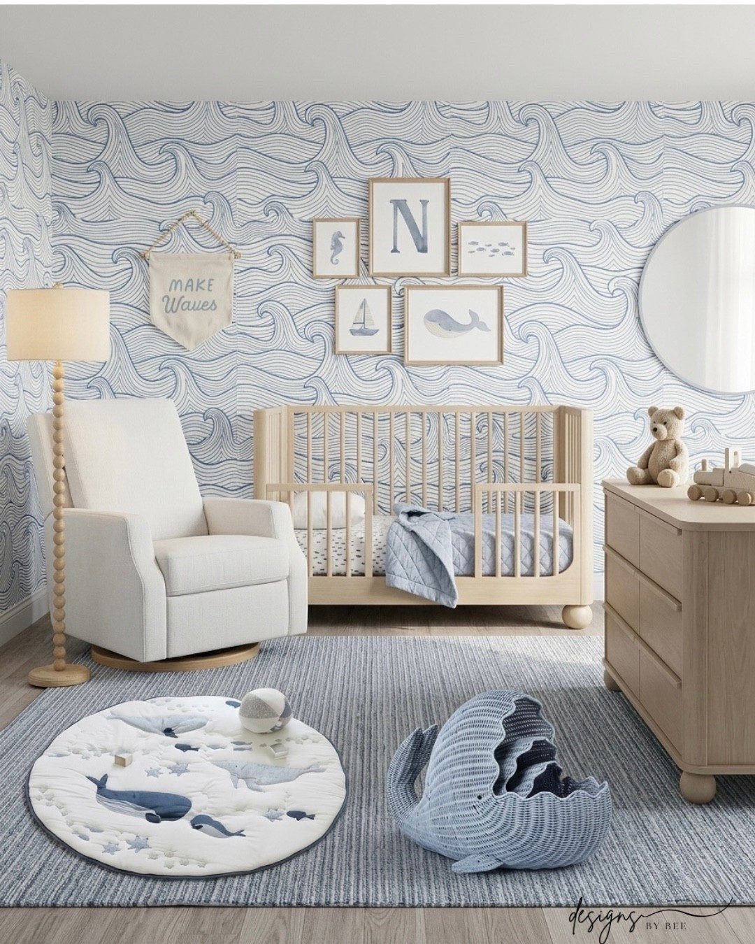 nursery decor, baby boy nursery, coastal nursery, whale nursery theme, ocean nursery, light wood nursery, natural nursery, blue and beige nursery, nursery mood board, nautical nursery art, wave wallpaper, light wood crib, toddler bed transition, nursery dresser, changing table, nursery swivel glider, white glider, blue nursery rug, whale play mat, wicker whale basket, nursery floor lamp, nursery mirror, sea life decor, nursery inspiration, baby room ideas

#LTKmomlife #LTKHome #LTKBaby