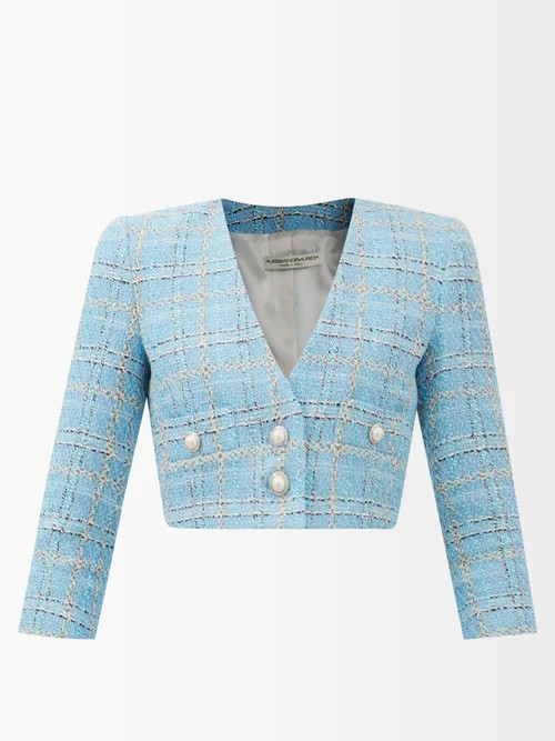 Alessandra Rich - Lamé-check Cropped Tweed Jacket - Womens - Blue | Matches (US)
