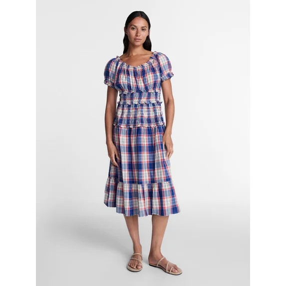 Time and Tru Women's Smocked Cotton Peasant Midi Dress, Sizes XS-XXXL | Walmart (US)