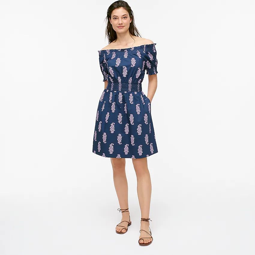 Smocked puff-sleeve cotton poplin dress in budding branch print | J.Crew US