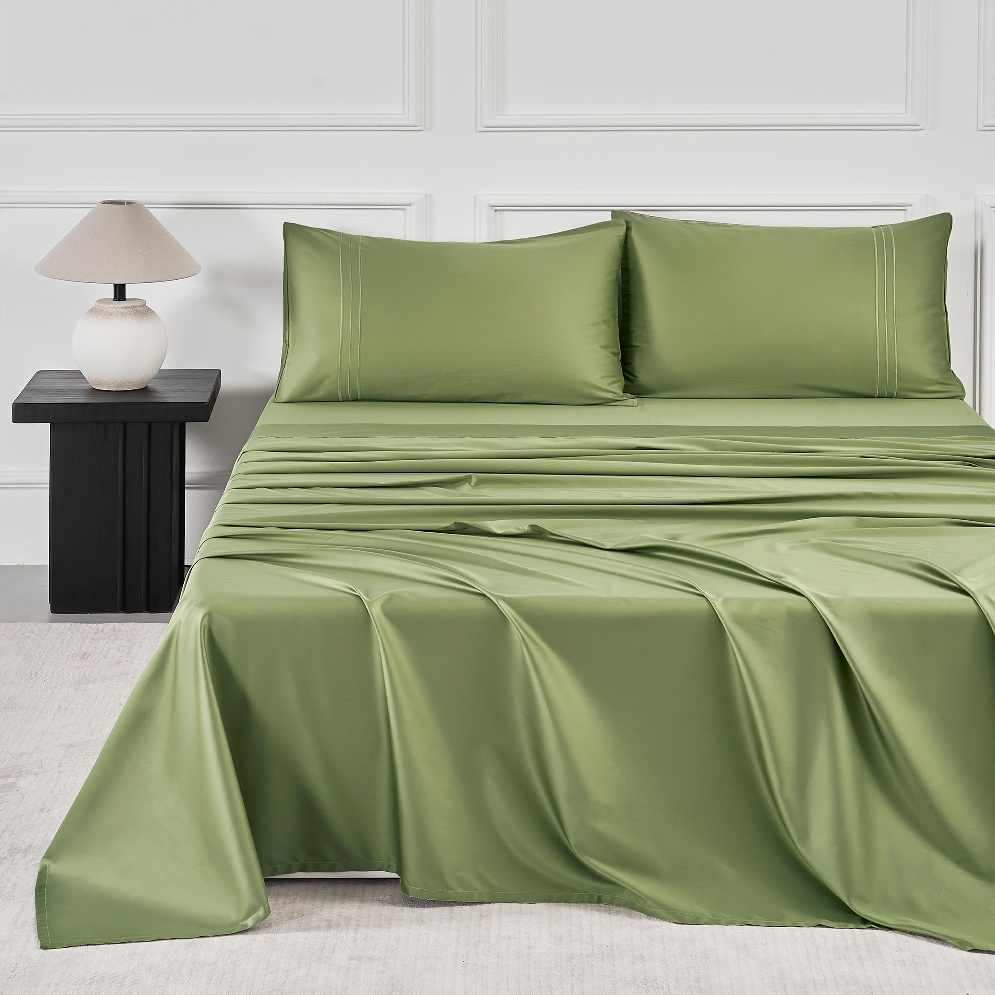 JELLYMONI Queen Sheet Sets Green - 400 Thread Count 100% Cotton Sheets, 4 Pieces Silkly Sateen Co... | Amazon (US)