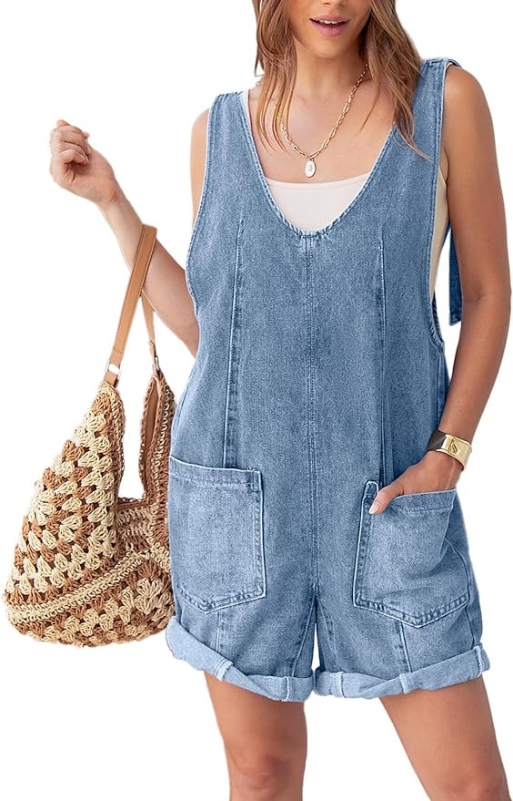 Glamaker Womens Casual Sleeveless V Neck Denim Romper Overall Shorts Summer Jean Romper Denim Out... | Amazon (US)