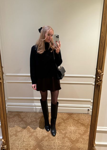 Dinner outfit in New York City! Wore this look to the polo bar and it definitely fit the vibe! 

Cashmere sweater size small
Satin mini skirt size small (very stretchy)
Brown tights
Brown waterproof other the knee boots
Linking a similar bow option 