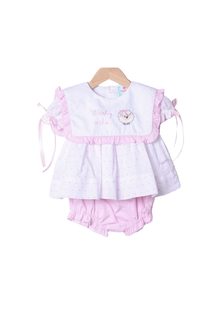 Embroidered Worthy IS the Lamb Swiss Dot Bloomer Set | The Smocked Flamingo