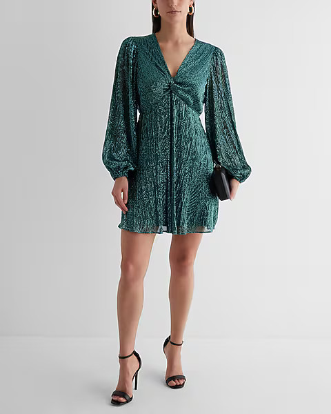 Metallic V-Neck Long Puff Sleeve Twist Front Mini Dress | Express