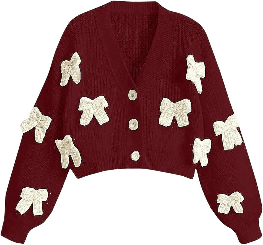 GORGLITTER Women's Cute Bow Cardigan Sweater Long Sleeve V Neck Button Down Pullover Top | Amazon (US)