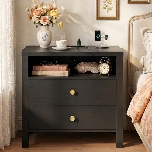 Aheaplus Nightstand with Charging Station, 23.6'' Large Bed Side Table with Wooden 2 Drawers, Nig... | Amazon (US)
