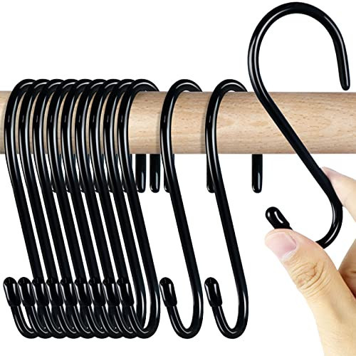 18 Pack Large S Hooks for Hanging, 4-1/2 inch Heavy Duty Rust-Free Closet S Hook, Metal Non Slip Rubber Coated S Hooks Black for Hanging Clothes Jeans Plants Bag Belt Pan Pot Cup Towels Basket Tools | Amazon (US)