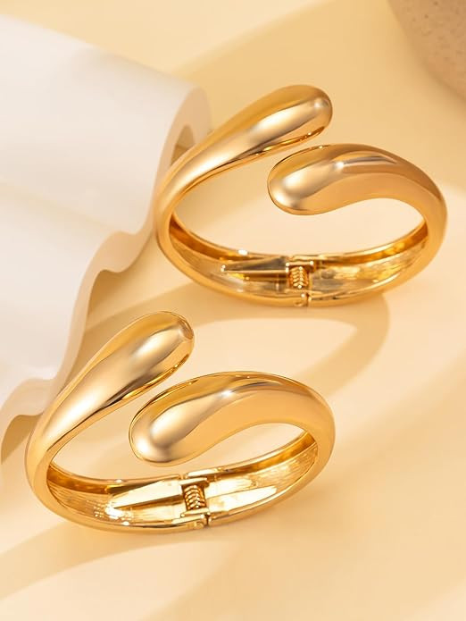 Gold Bangle Bracelets for Women Chunky Cuff Bracelet 18K Gold Plated Open Teardrop Bangle Set Wid... | Amazon (US)