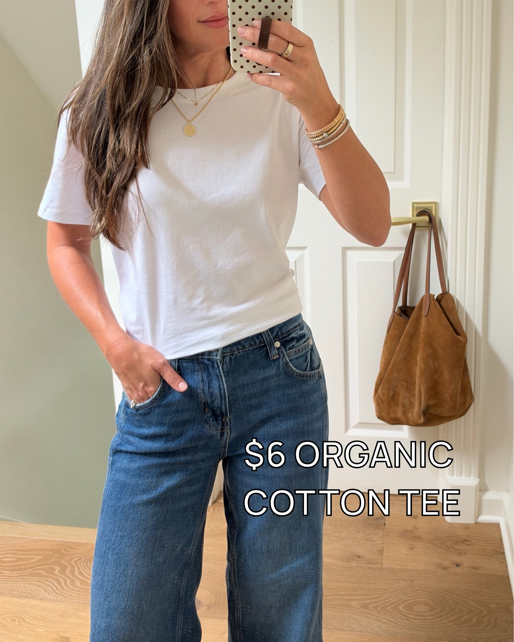 Organic cotton T-shirt size S
Cuff cropped jeans size 0
Square toe flip flops
Brown suede fall tote bag 
Electric picks guardian necklace