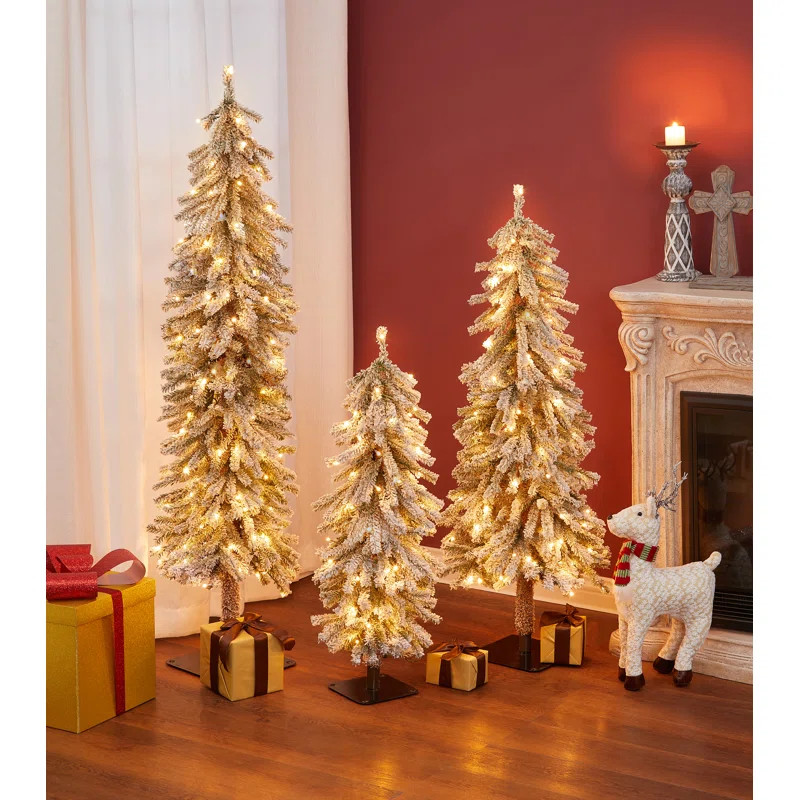 Slender Green Fir Flocked Christmas Tree Set with Lights | Wayfair North America