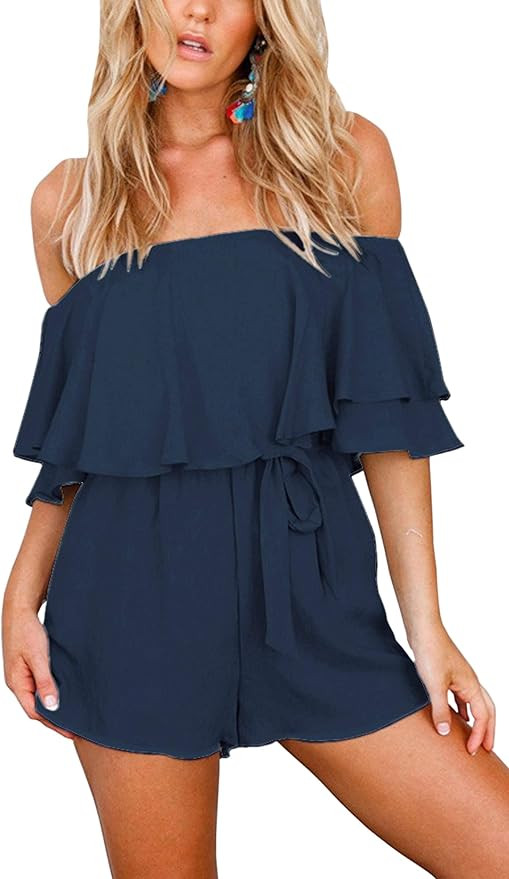 Hibluco Women's Summer Off Shoulder Ruffle Short Romper Jumpsuits with Belt | Amazon (US)