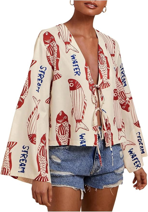 Floerns Women's Boho Fish Print Long Sleeve Shirts Tie Front V Neck Loose Vacation Blouse Tops | Amazon (US)