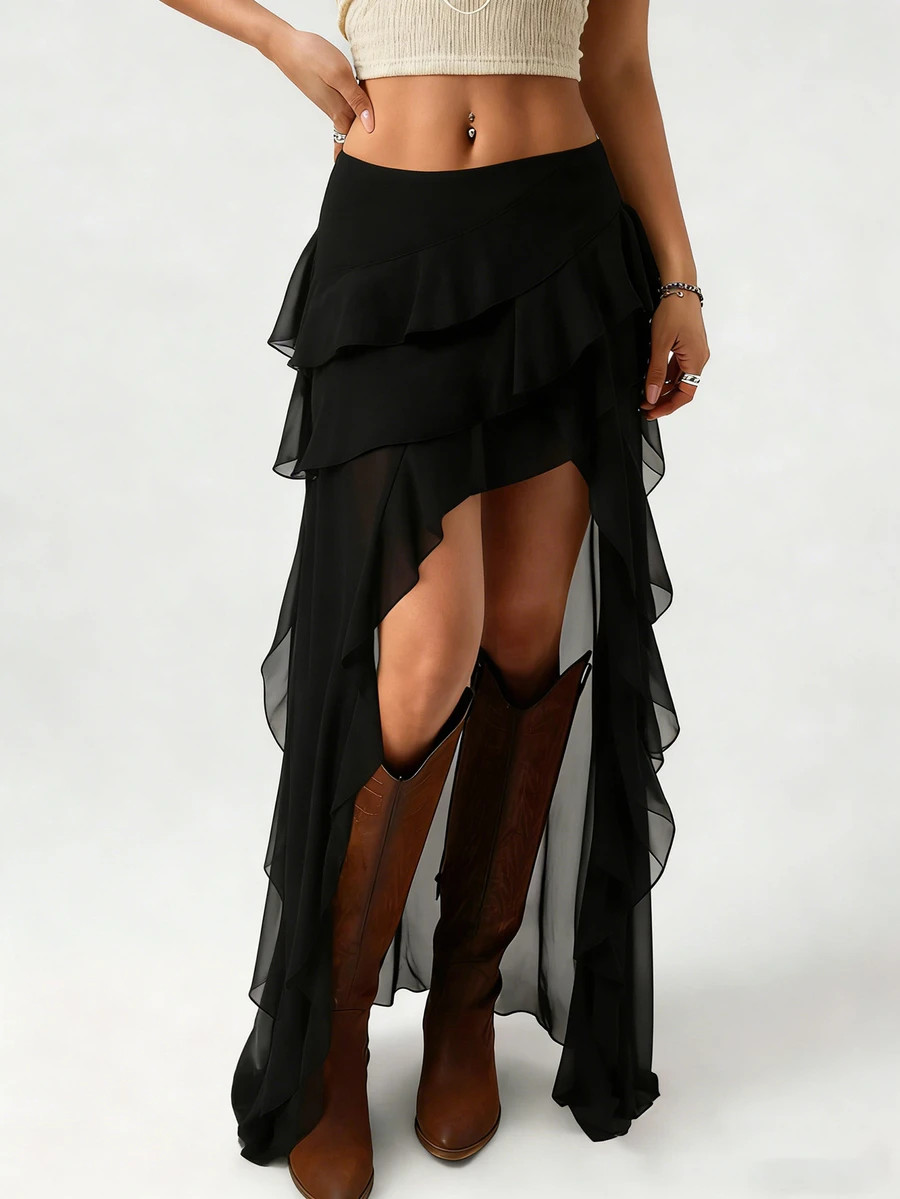 Glamine Black Summer Boho Vacation Sheer Mesh Maxi Skirt For Women, Asymmetric Layered Ruffle Chi... | SHEIN