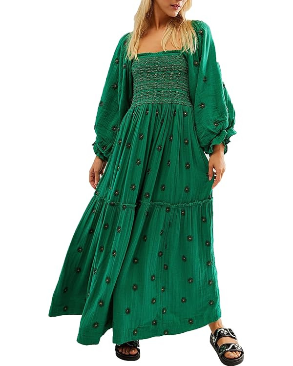 Chloefairy Women's Flower Embroidered Maxi Dress Lantern Sleeve Square Neck Tiered Flowy Spring F... | Amazon (US)