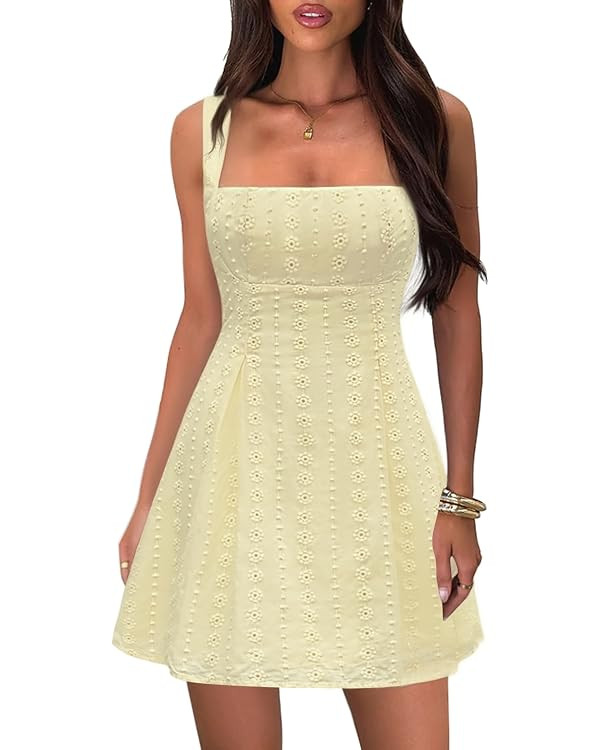 Women's Square Neck Mini Dress Sexy Sleeveless Bow Tie A-Line Summer Cute Floral Eyelet Vacation ... | Amazon (US)