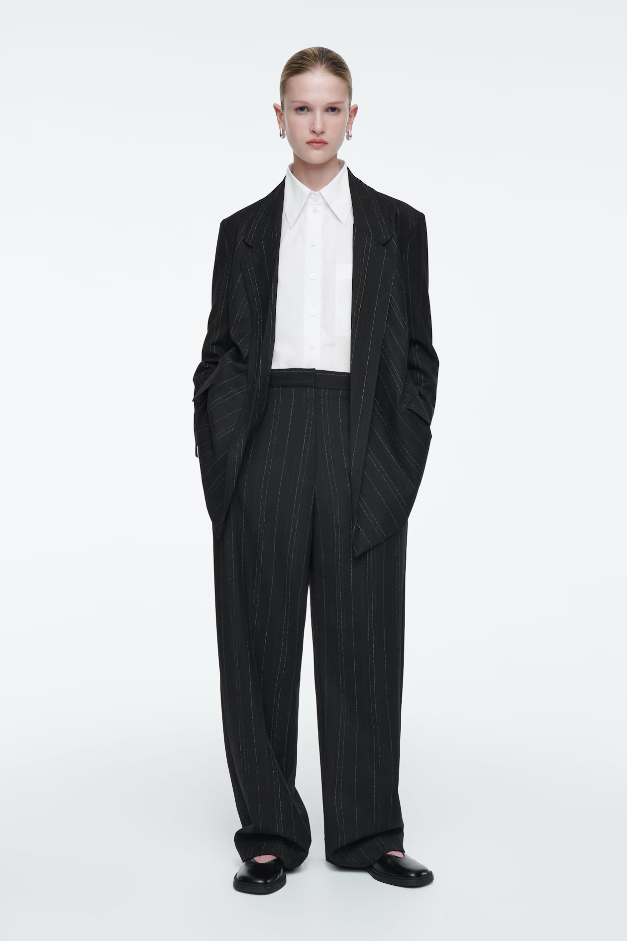 RELAXED PINSTRIPED BARREL-LEG PANTS - BLACK / PINSTRIPED | COS (AU)