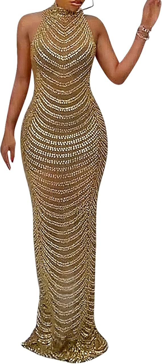 PORRCEY Women's Sexy Rhinestone Sleeveless Night Club Dress Party Clubwear for Women | Amazon (US)